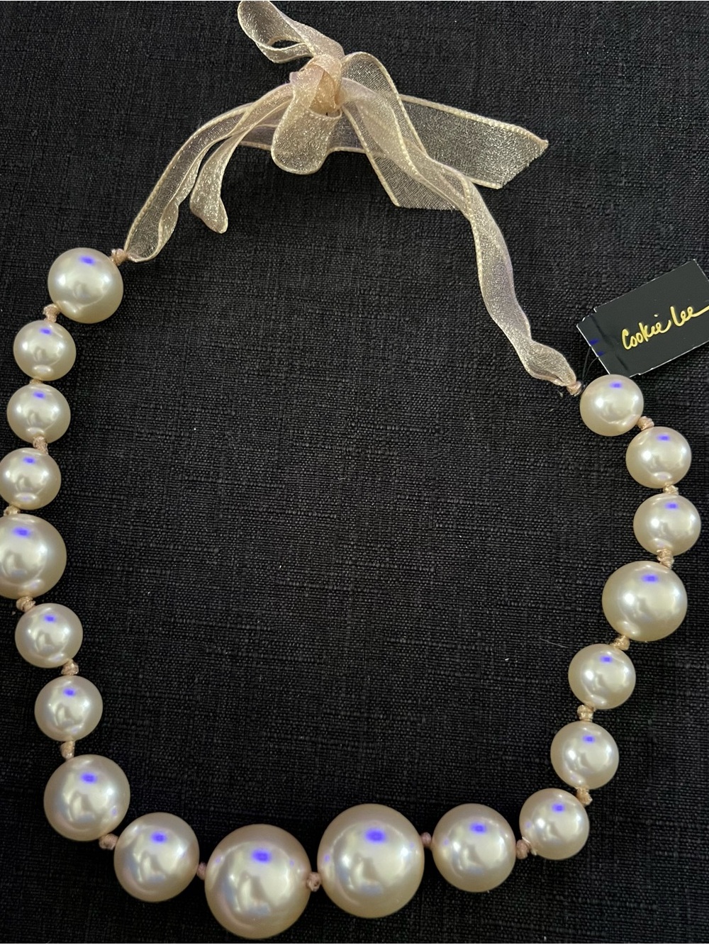 Cookie Lee Champagne Pearl Necklace with Sheer Ribbon